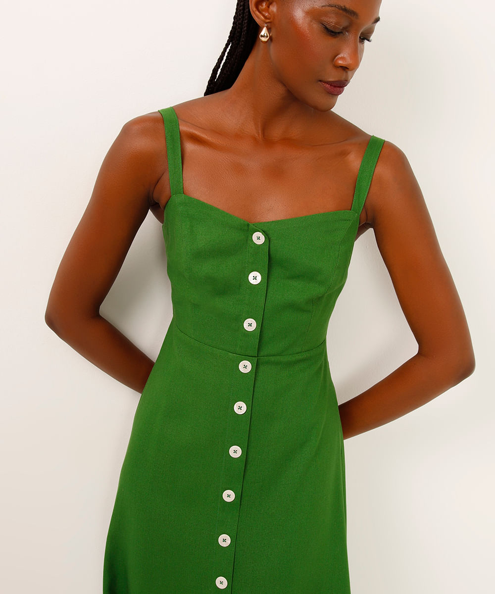 vestido midi com linho botões verde