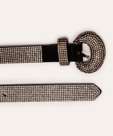 cinto fivela oval com strass preto