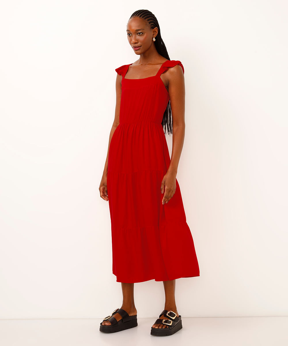 vestido midi de viscose marias vermelho