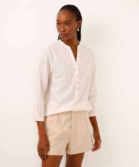 bata de algodão manga longa listrada bege