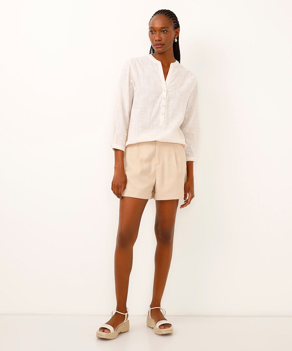 bata de algodão manga longa listrada bege