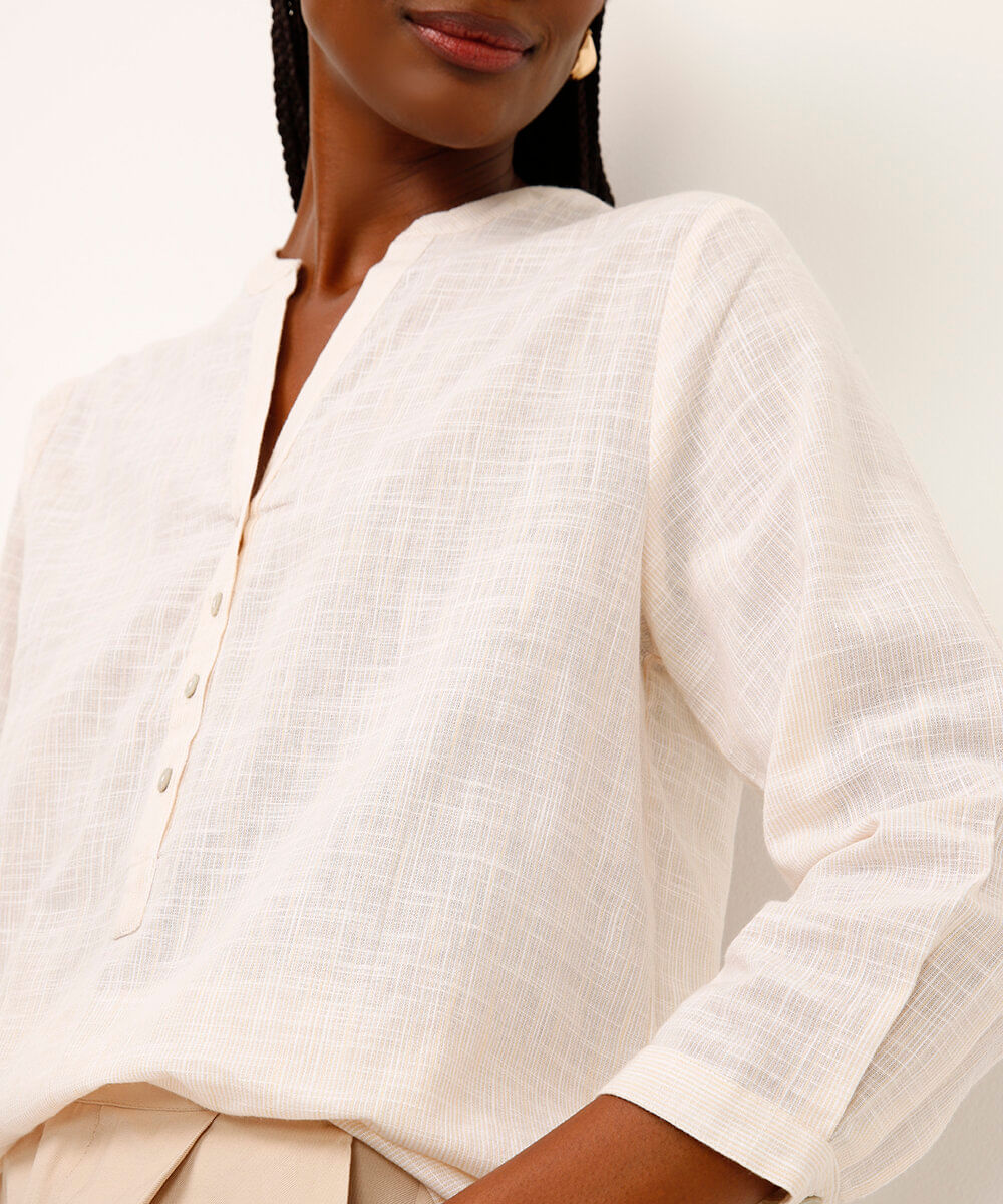 bata de algodão manga longa listrada bege