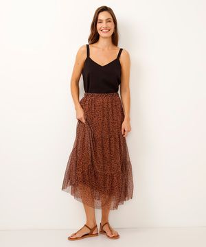 saia midi de tule animal print bege