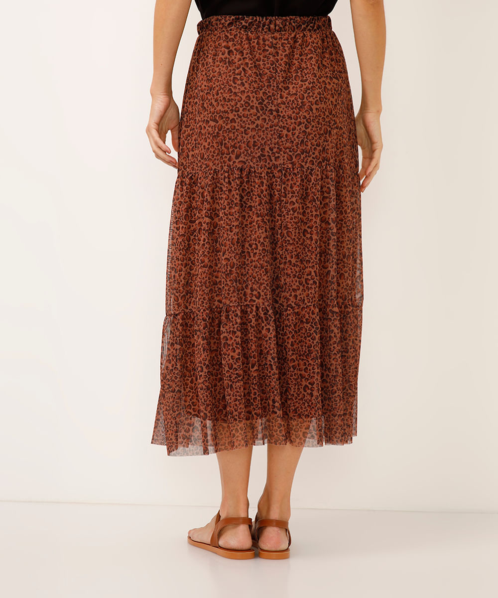 saia midi de tule animal print bege