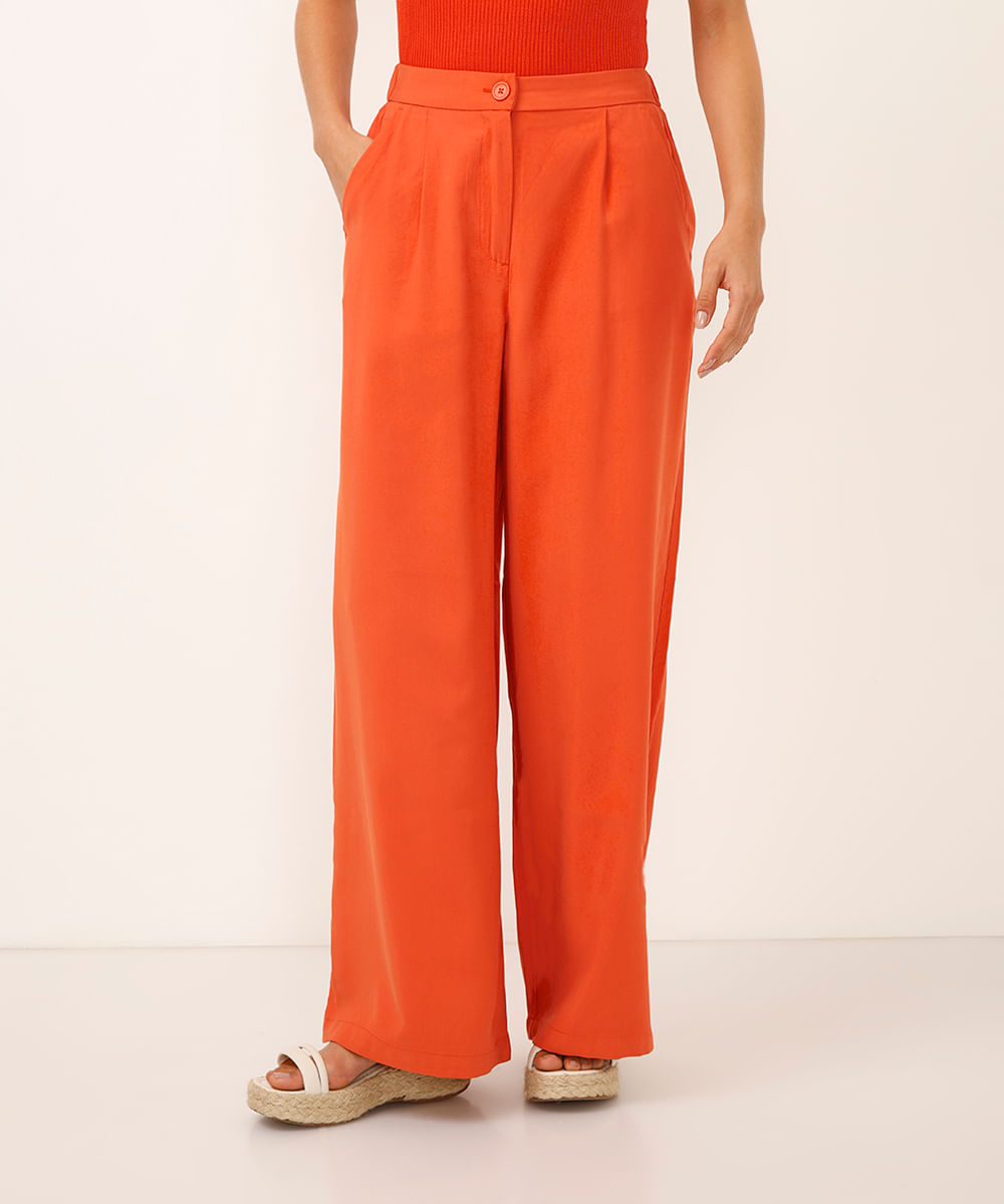 calça wide leg de viscose cintura alta com elástico - terracota