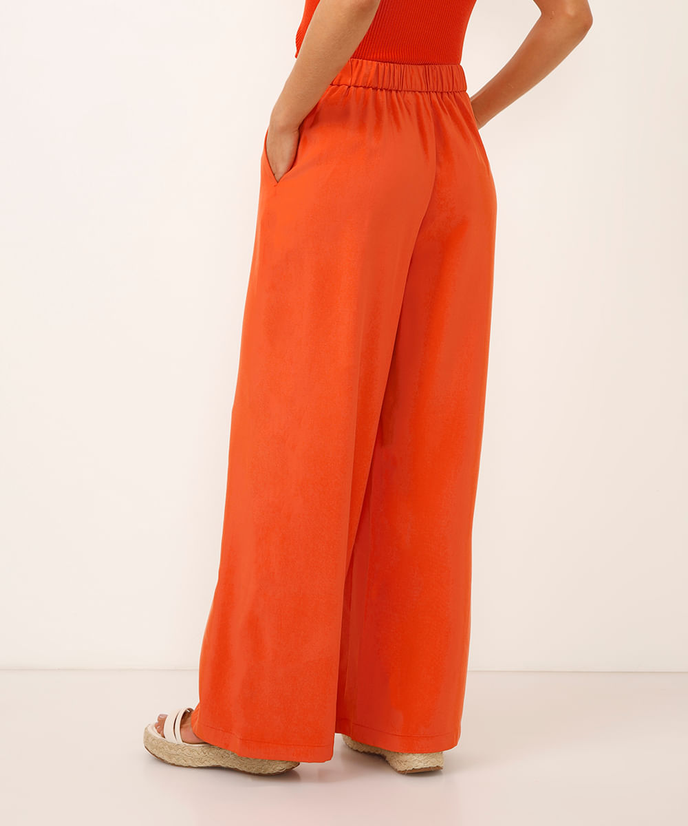 calça wide leg de viscose cintura alta com elástico - terracota