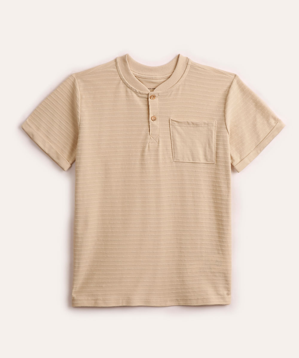 camiseta infantil texturizada gola portuguesa bege