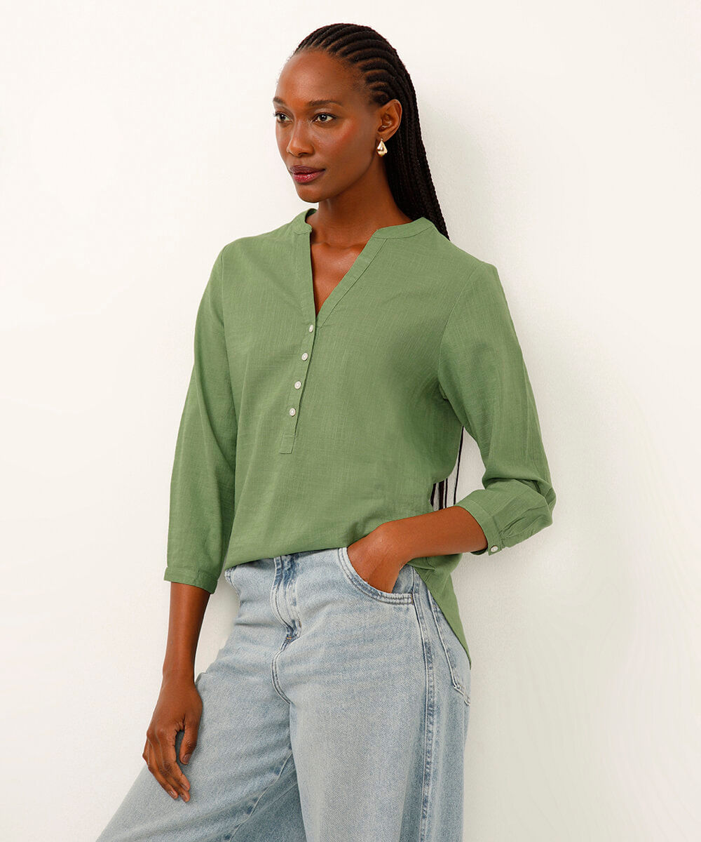 bata de algodão manga longa verde