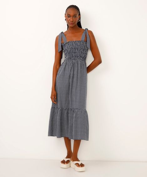 vestido midi de algodão alça com laço quadriculado azul