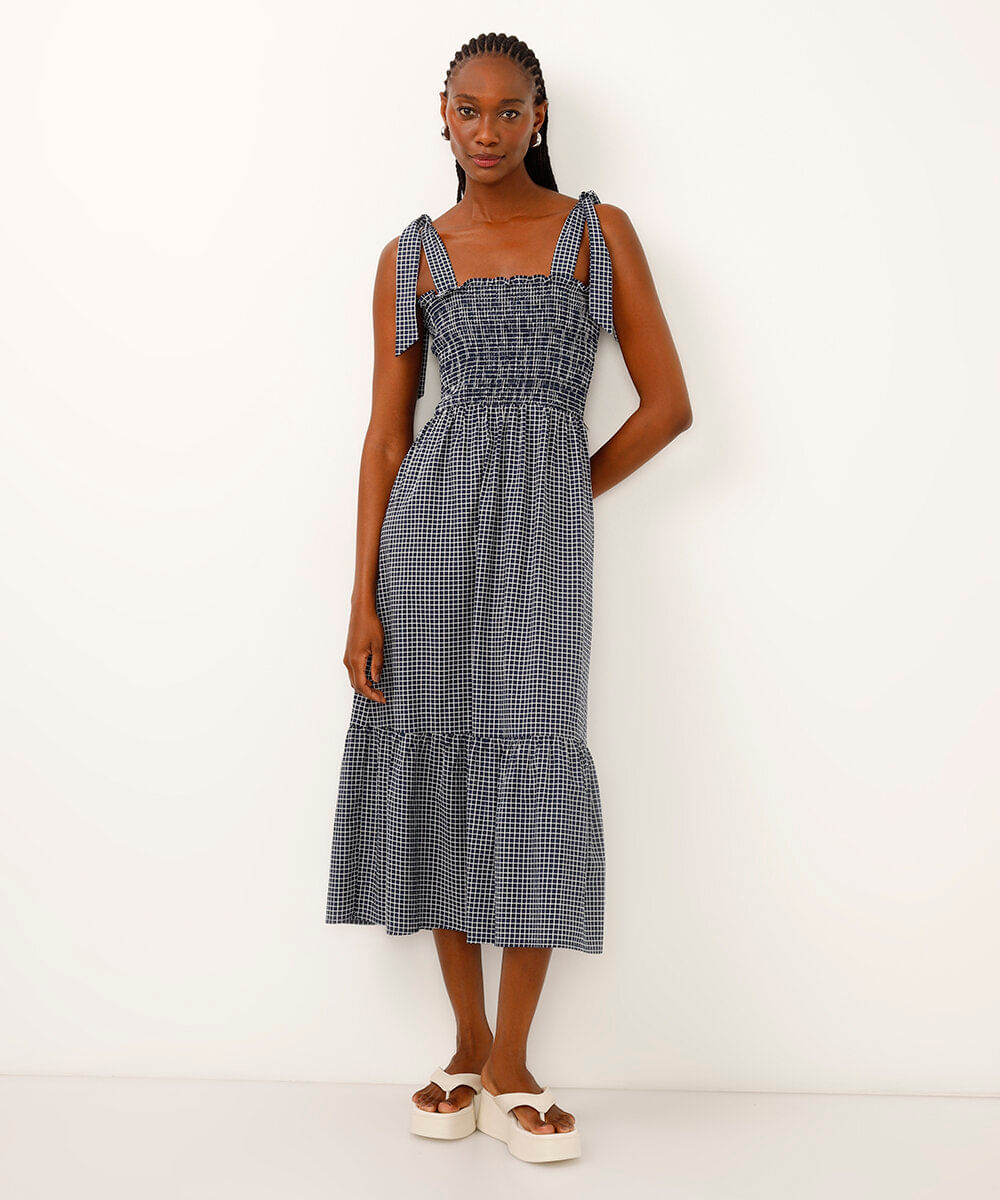 vestido midi de algodão alça com laço quadriculado azul