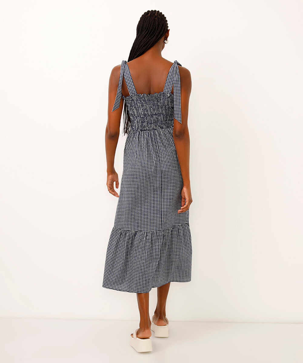 vestido midi de algodão alça com laço quadriculado azul