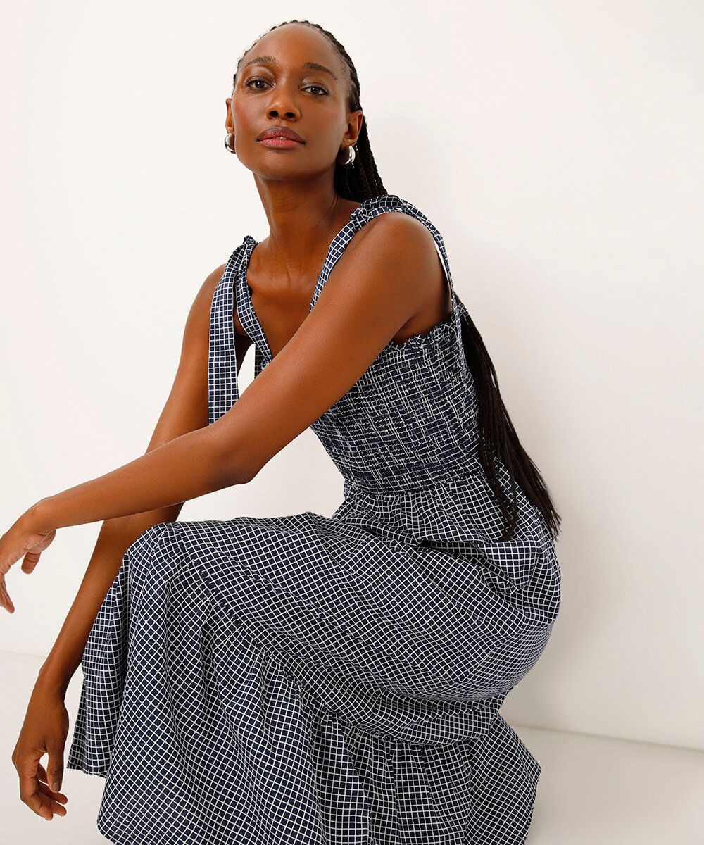 vestido midi de algodão alça com laço quadriculado azul