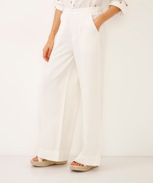 calça wide leg de viscose cintura alta off white