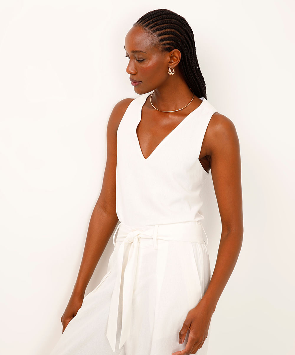 regata com linho decote v off white