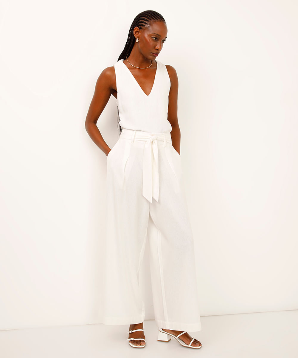 regata com linho decote v off white