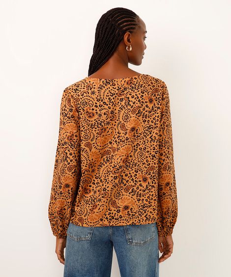 bata de viscose manga bufante animal print marrom