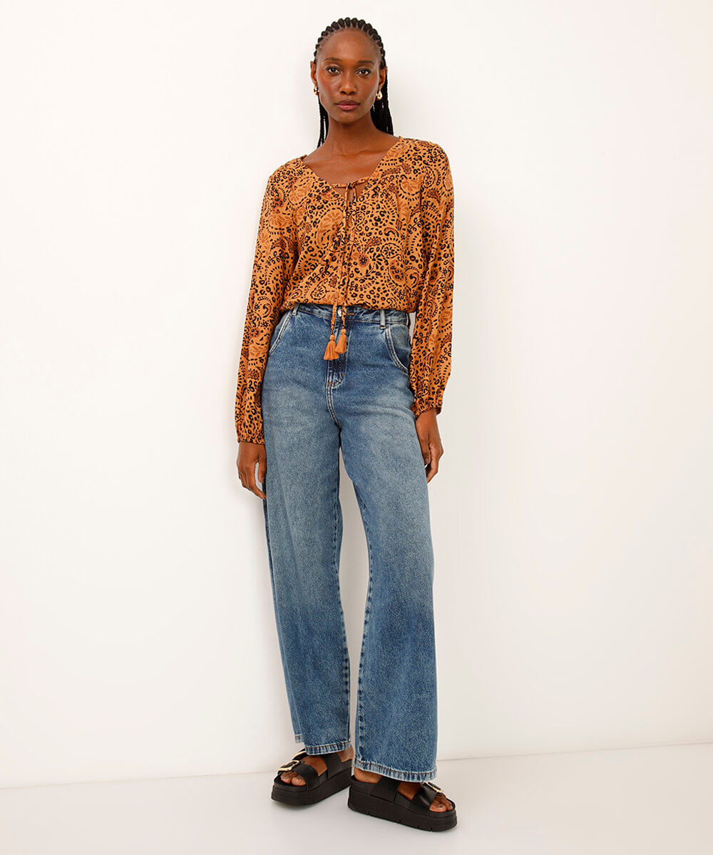 bata de viscose manga bufante animal print marrom