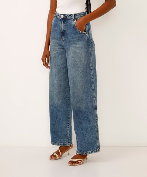 calça skater jeans cintura média gancho deslocado azul