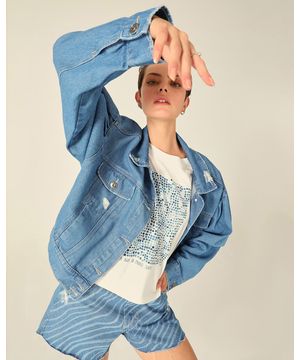 Jaqueta Jeans Cropped Feminina Malwee Azul