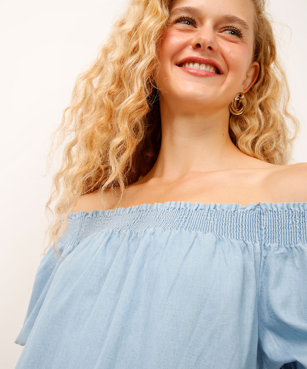 vestido curto jeans manga bufante azul