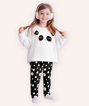 pijama longo infantil de pelúcia panda e poá off white