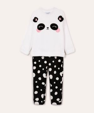 pijama longo infantil de pelúcia panda e poá off white