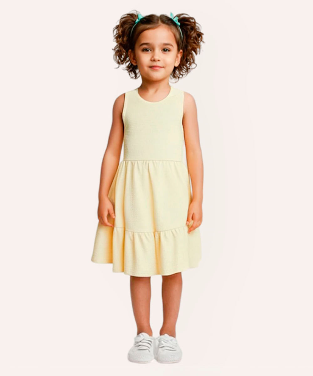 vestido midi infantil alça franzida e texturizado amarelo
