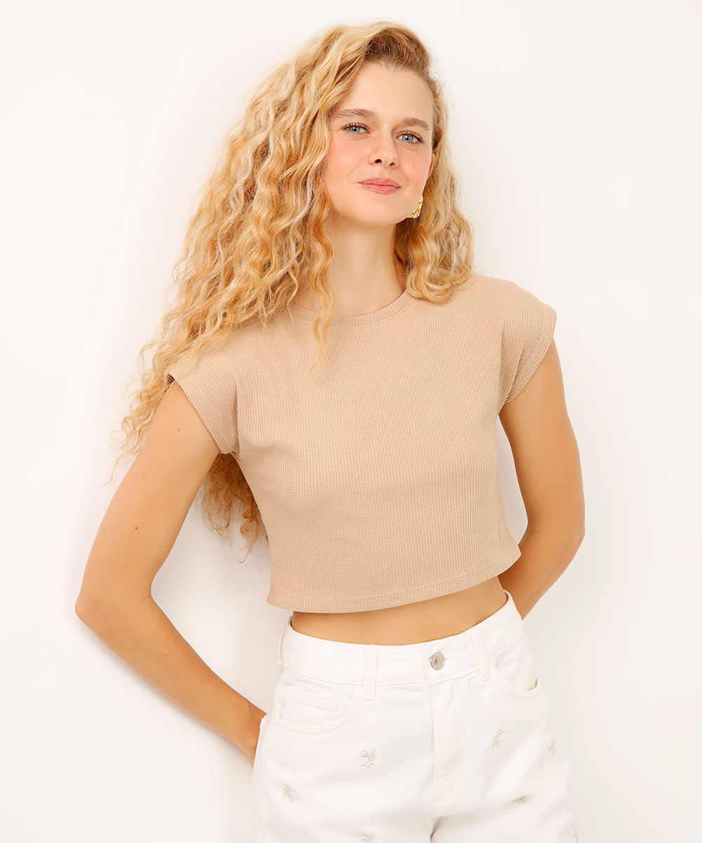 cropped texturizado decote redondo bege