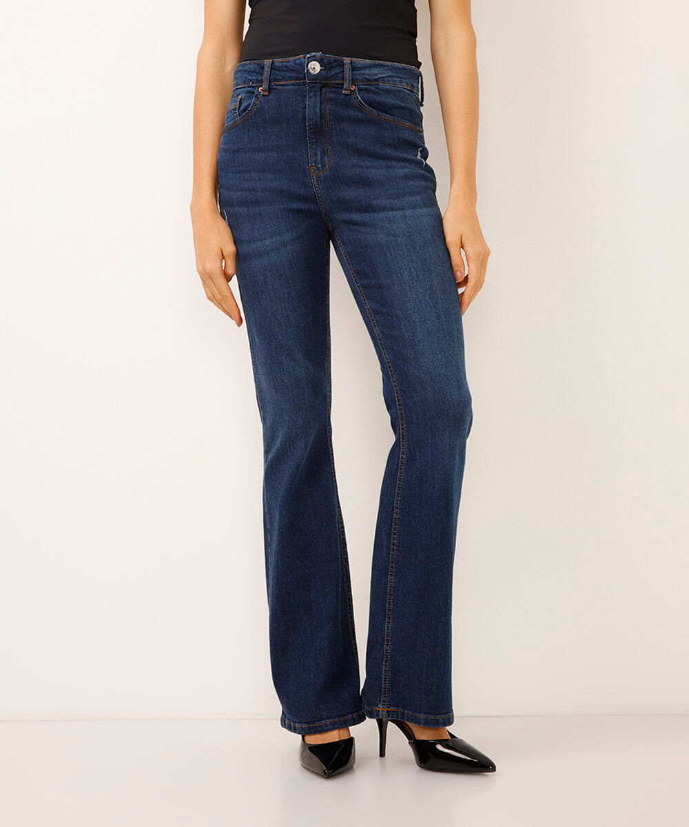 calça jeans flare cintura alta azul escuro