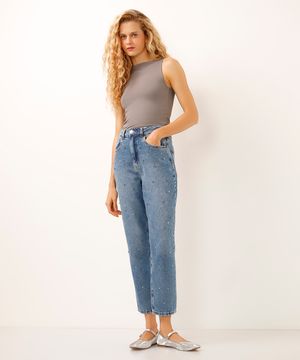 calça mom jeans cintura alta com brilhos azul