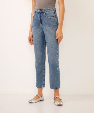 calça mom jeans cintura alta com brilhos azul