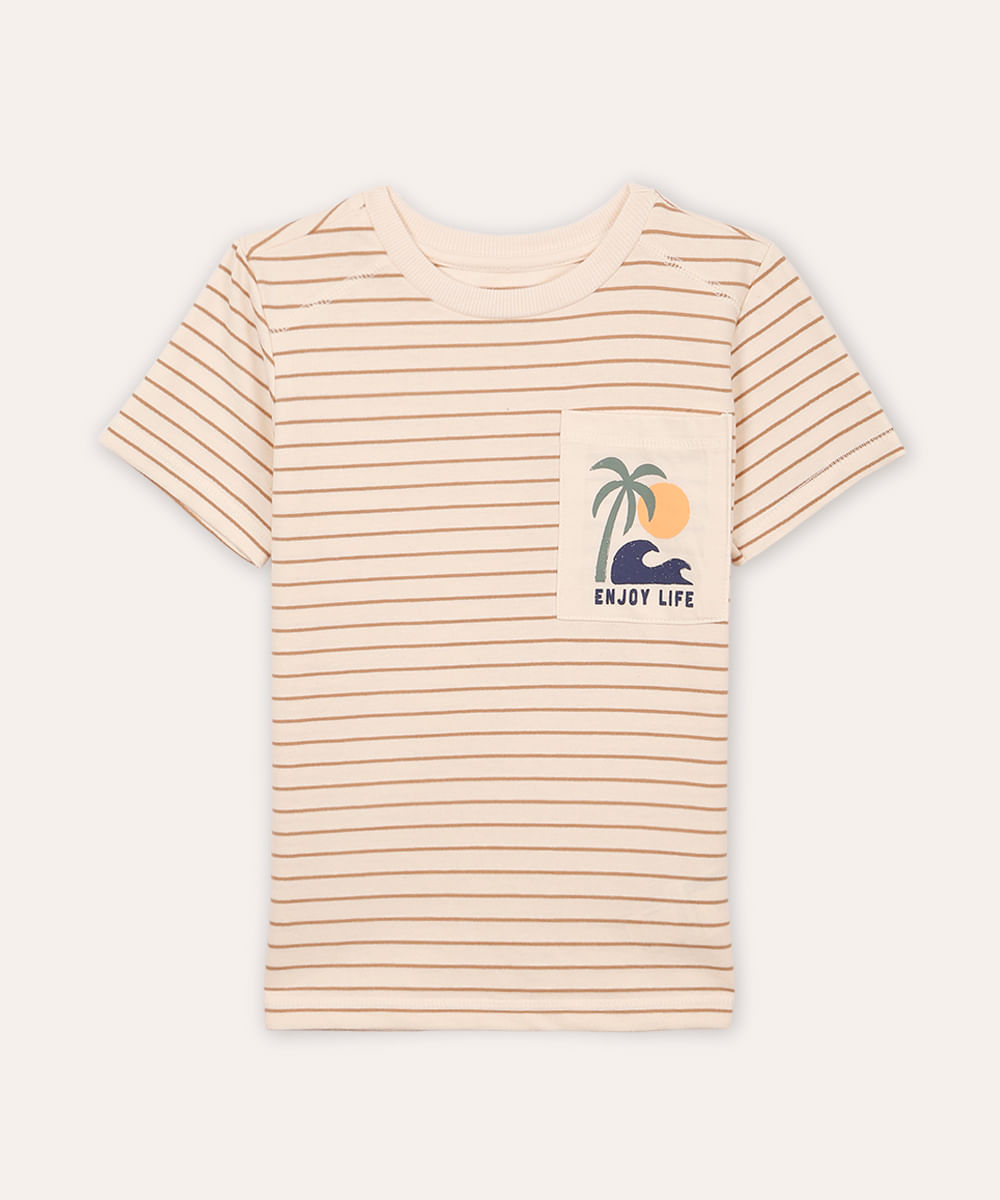 camiseta de algodão infantil listrada enjoy life bege