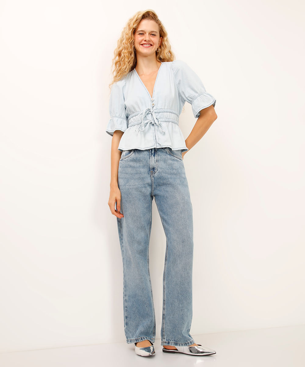 calça reta jeans cintura média azul