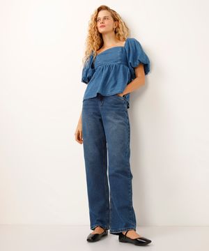 calça reta jeans relaxed cintura média azul