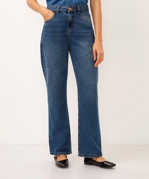 calça reta jeans relaxed cintura média azul