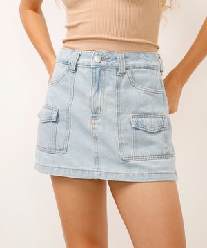 short saia jeans cintura alta com bolso cargo azul