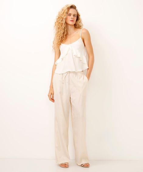 calça estilo pijama com bolsos listrada bege
