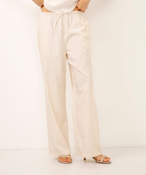 calça estilo pijama com bolsos listrada bege