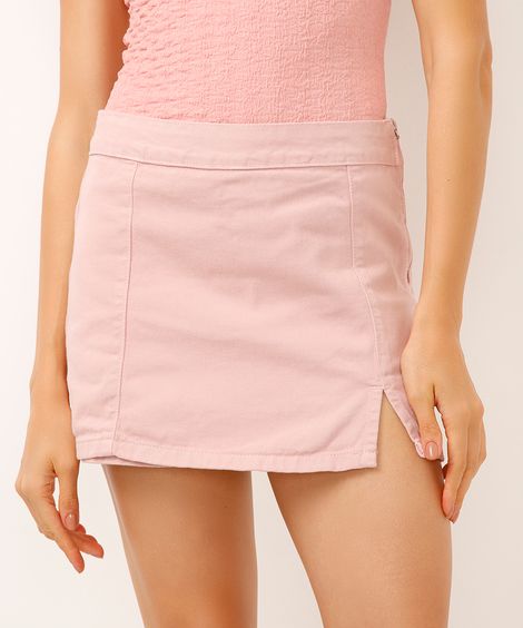 short saia de sarja cintura alta com fenda rosa