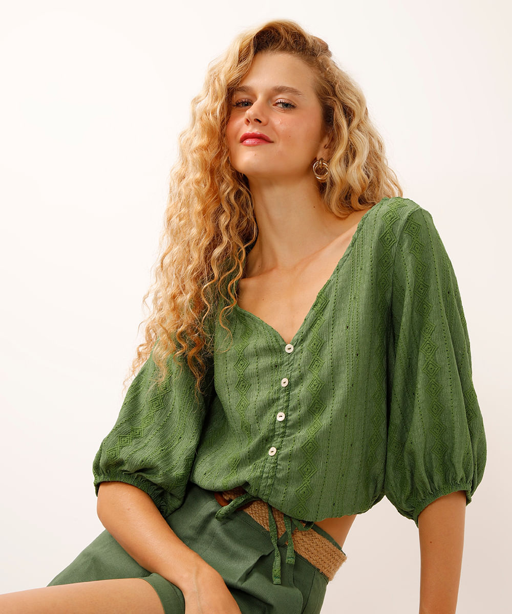 blusa manga bufante com amarração verde