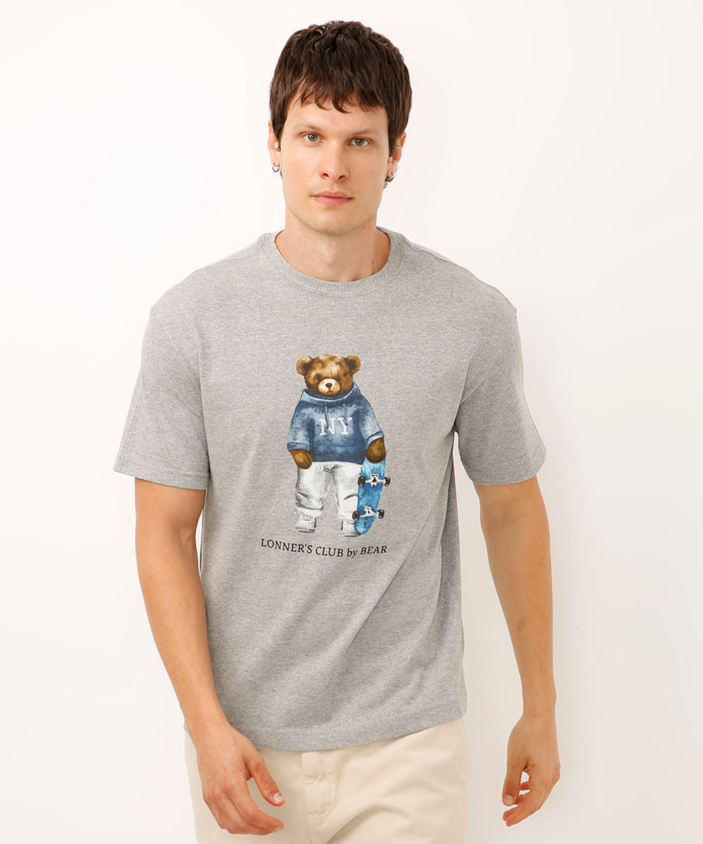 camiseta relaxed de algodão urso skatista cinza