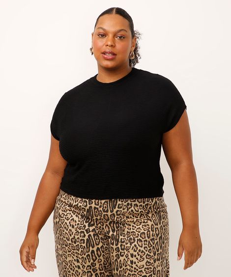 blusa de viscose gola alta manga japonesa plus size preta