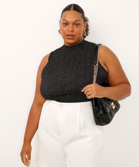 regata de viscose gola alta poá plus size preta