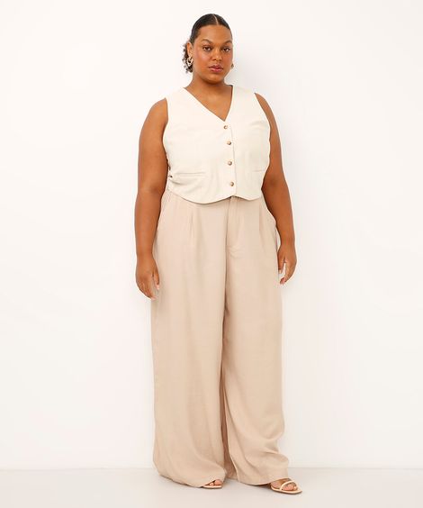 calça de alfaiataria feminina com pregas plus size bege