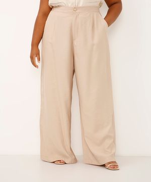 calça alfaiataria com prega e bolso plus size bege