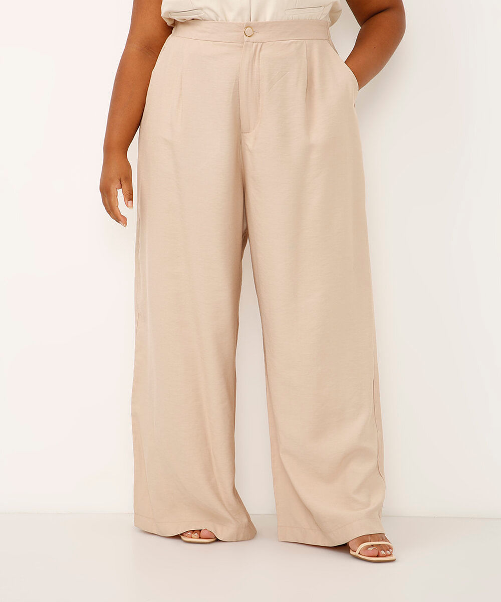calça de alfaiataria feminina com pregas plus size bege
