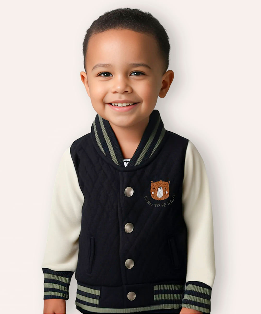 jaqueta bomber de moletom infantil urso matelassê azul marinho