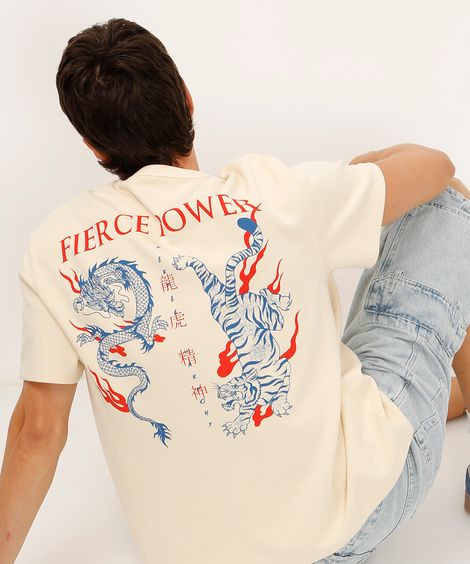 camiseta de algodão tigre e dragão bege