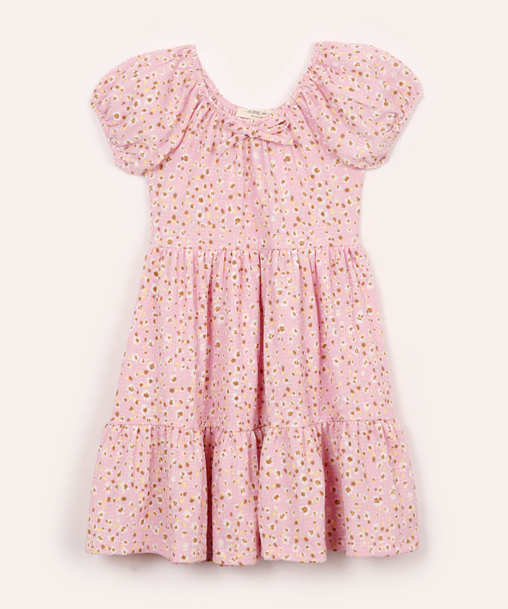 vestido midi infantil manga bufante floral rosa