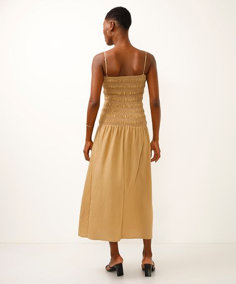 vestido midi alça fina texturizado bege